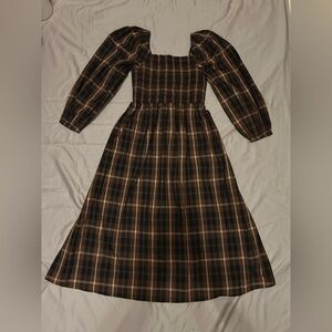 J Crew plaid print smocked midi dress in brown black Size XS